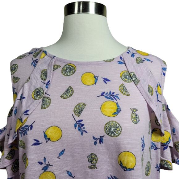 Juicy Couture Women's Lemon Print Purple Combo Ruffle Cold-Shoulder Top Size XL - Picture 5 of 8